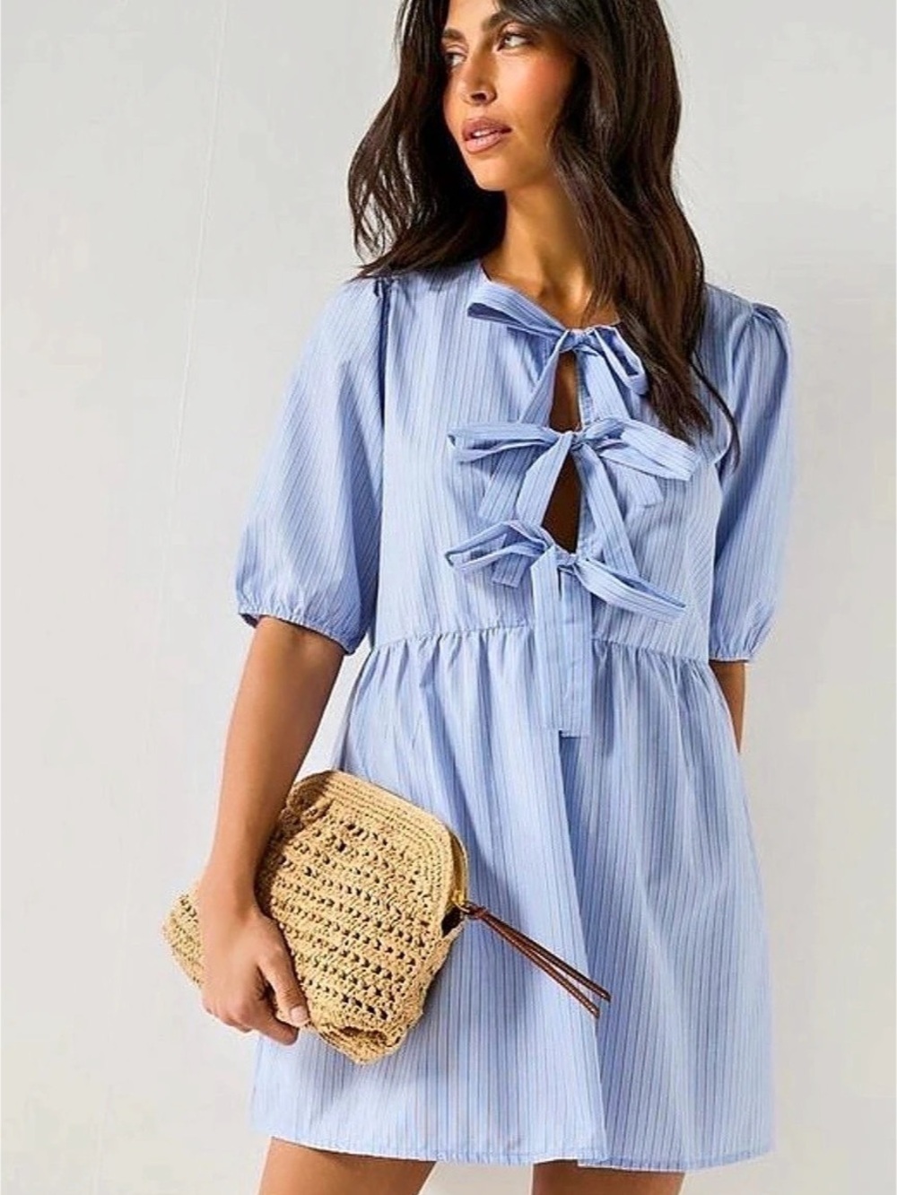 Only Tie-Front Poplin Dress Striped Mini Dress Blue & White size M
